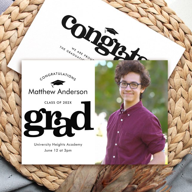 Graduation photo modern bold graphic black white announcement (Creator Uploaded)
