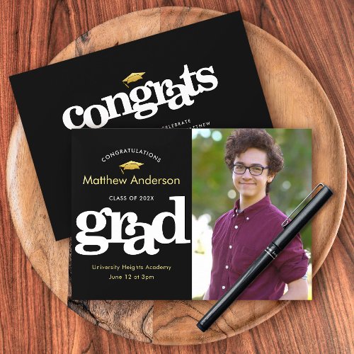 Graduation photo modern bold typography black gold announcement