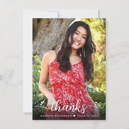 Graduation Photo Modern Elegant Chic Script Hearts Thank You Card