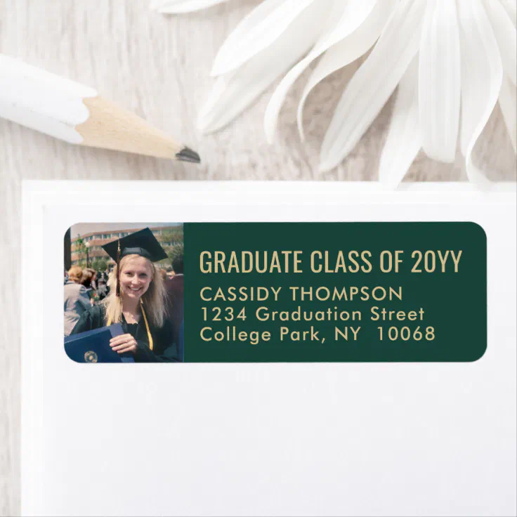 Graduation Photo Modern Green Gold Return Address Label | Zazzle