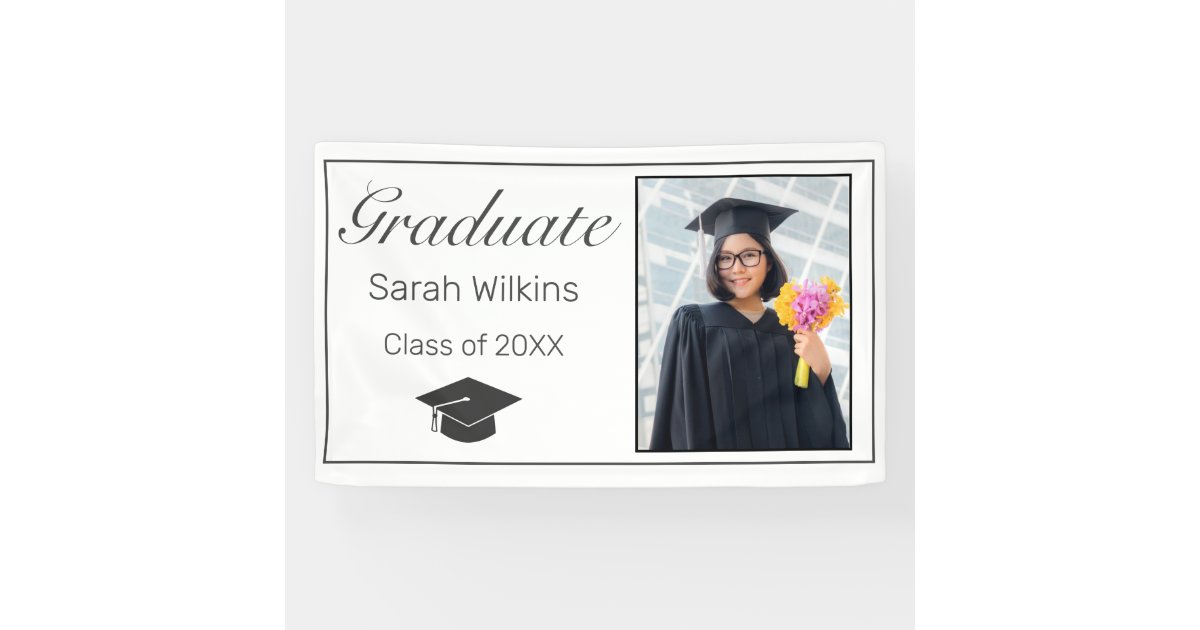 Graduation Photo Modern Minimalist White Black Banner | Zazzle