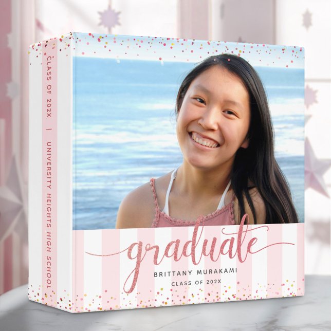 Graduation photo modern rose gold script keepsake 3 ring binder (Creator Uploaded)