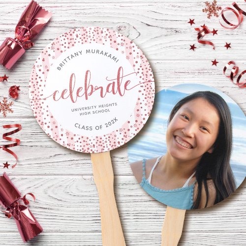 Graduation photo modern rose gold script keepsake hand fan