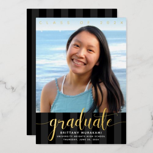 Graduation photo modern script black real gold foil invitation