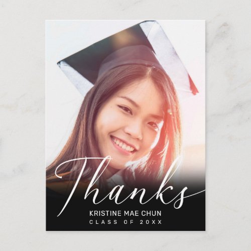 Graduation Photo Modern Script Black Thank You Postcard