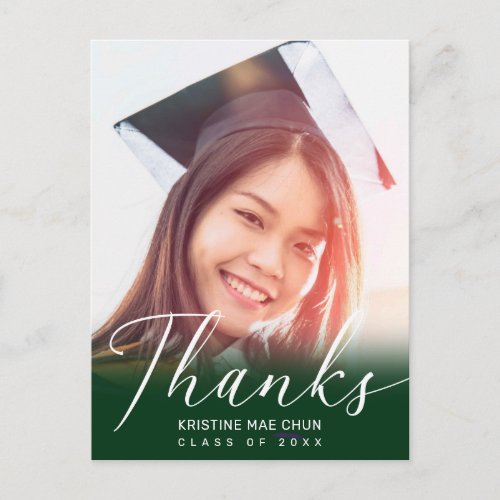 Graduation Photo Modern Script Green Thank You Postcard