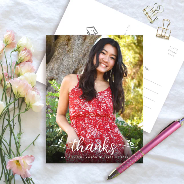 Graduation Photo Modern Script Hearts Thank You Postcard | Zazzle