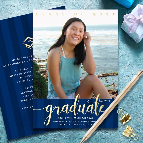 Graduation photo modern script navy blue real gold foil invitation