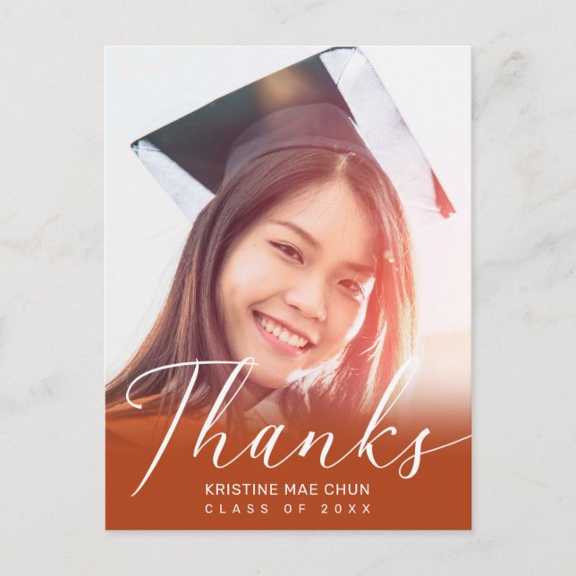 Graduation Photo Modern Script Orange Thank You Postcard (Front)