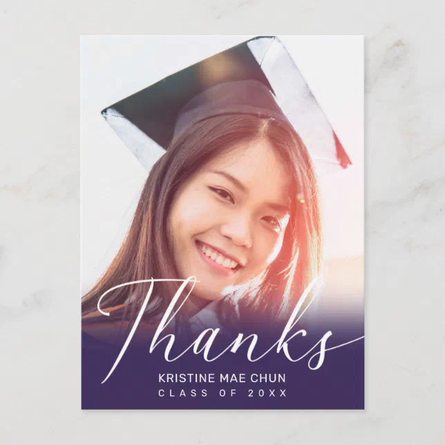 Graduation Photo Modern Script Purple Thank You Postcard | Zazzle