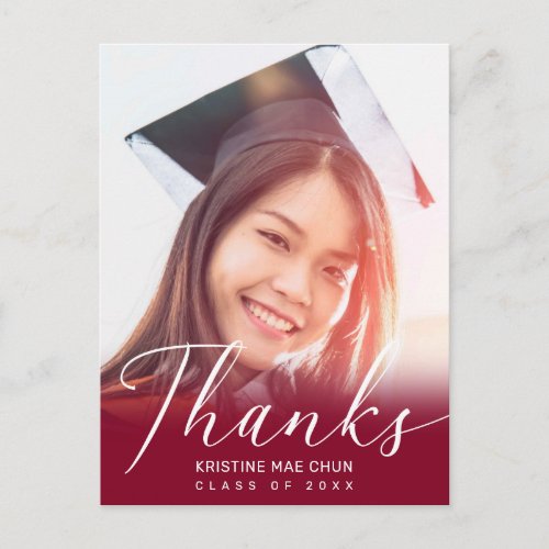 Graduation Photo Modern Script Red Thank You Postcard