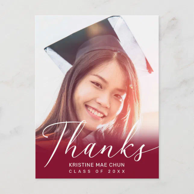 Graduation Photo Modern Script Red Thank You Postcard | Zazzle