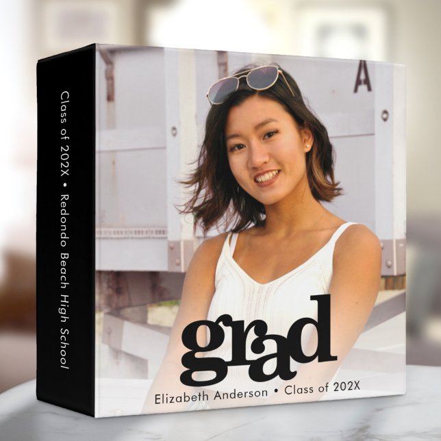 Graduation photo modern typography black and white 3 ring binder (Creator Uploaded)