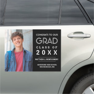 Graduation Photo Modern White Script on Black Car Magnet