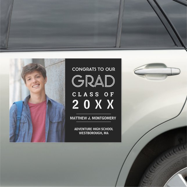 Graduation Photo Modern White Script on Black Car Magnet (In Situ)