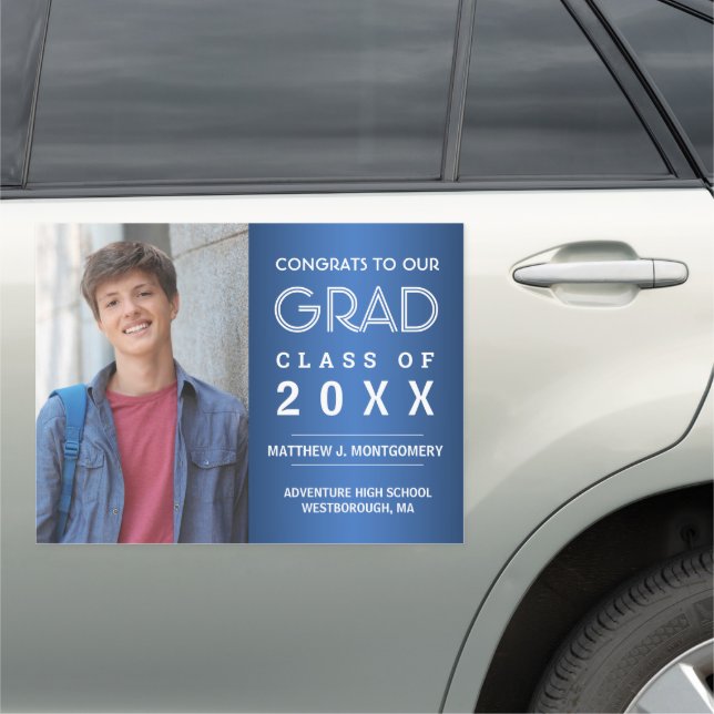 Graduation Photo Modern White Script on Blue Car Magnet (In Situ)