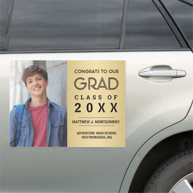 Graduation Photo Modern White Script on Gold Car Magnet (In Situ)