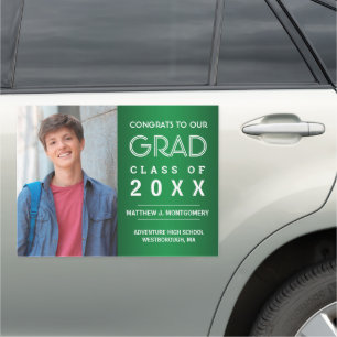 Graduation Photo Modern White Script on Green Car Magnet