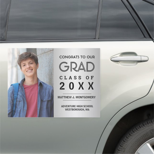 Graduation Photo Modern White Script on Silver Car Magnet (In Situ)