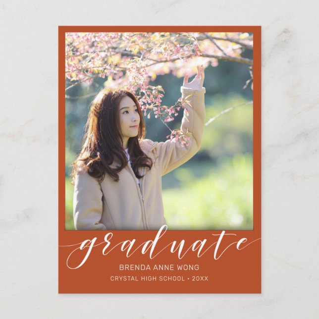 Graduation Photo Modern White Script Orange 2025 Announcement Postcard (Front)