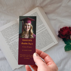 Graduation photo motivational quote burgundy bookmarks