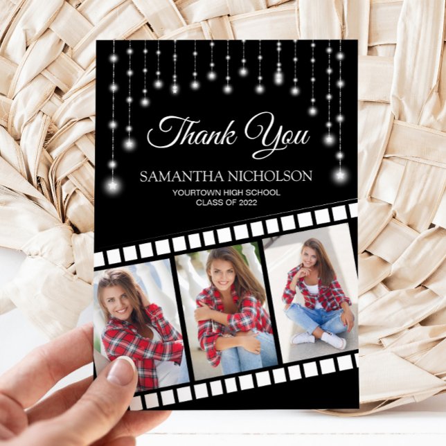 Graduation Photo Movie Reel Cinema Star Thank You Card (Black and silver glitter graduation filmstrip 3-photo Thank you card)