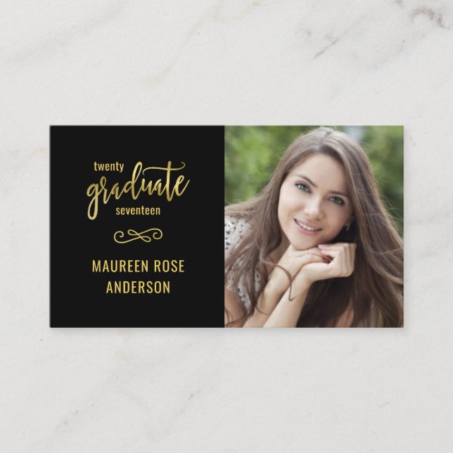 Graduation Photo Name Cards Faux Gold Foil Script (Front)