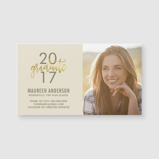 Graduation Photo Name Cards Faux Gold Grad (Front)