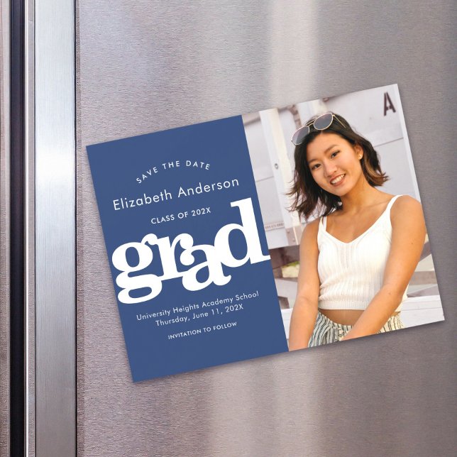 Graduation Photo Navy Bold Save the Date Modern Magnetic Invitation (Creator Uploaded)