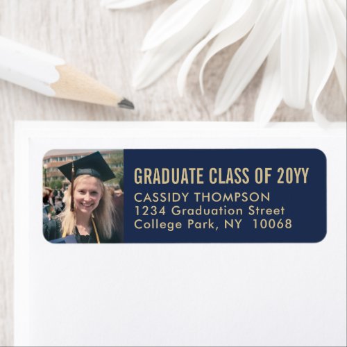 Graduation Photo Navy  Gold Modern Return Address Label