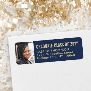 Graduation Photo Navy & Gold Modern Return Address Label