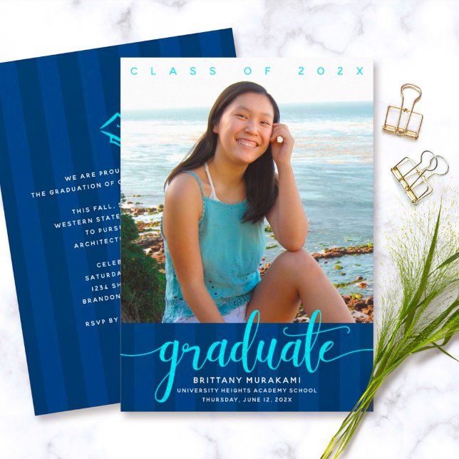 Graduation photo navy stripes modern script girly invitation (Creator Uploaded)