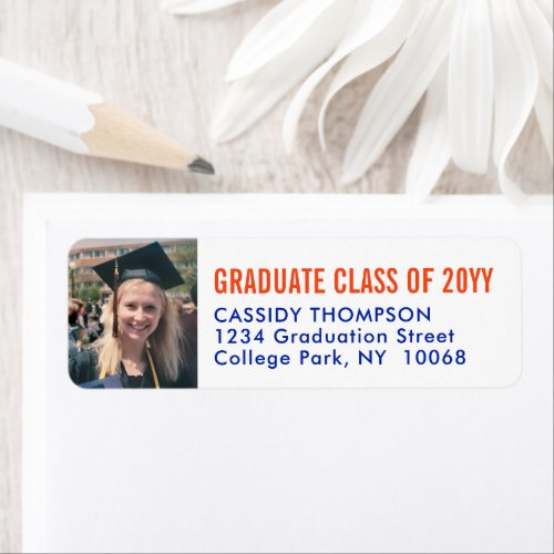 Graduation Photo Orange and Blue Return Address Label