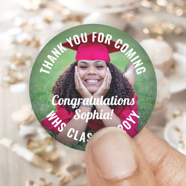 Graduation Photo Overlay Congratulations Modern Classic Round Sticker (Creator Uploaded)