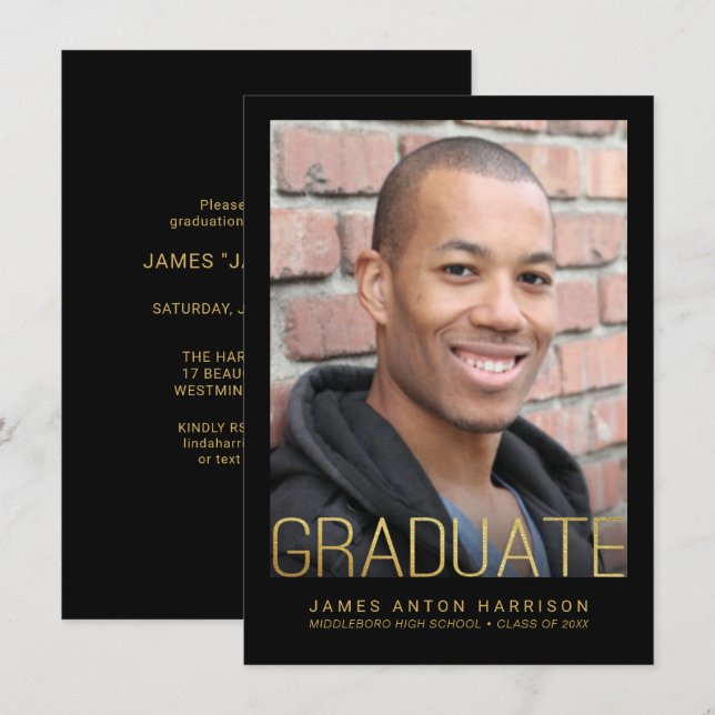 Graduation Photo Party Announcement Faux Gold Foil (Front/Back)