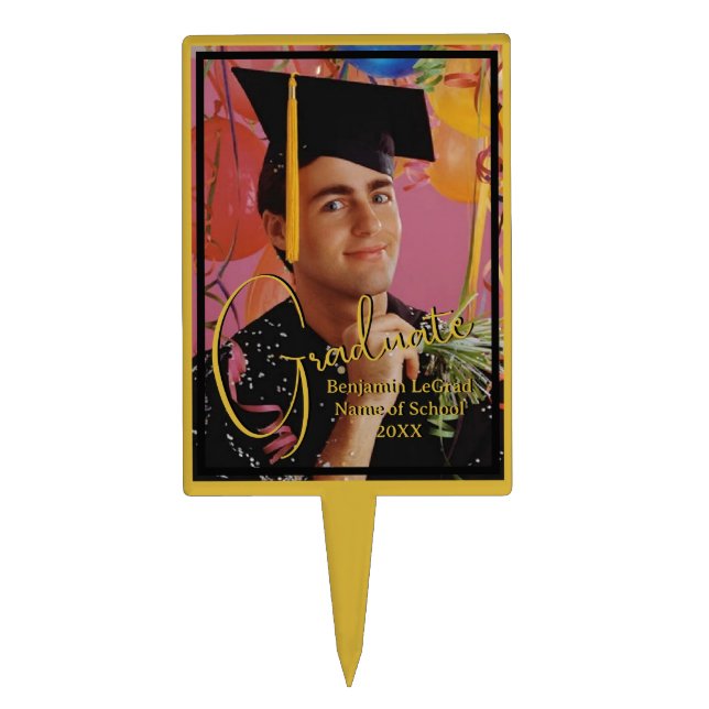Graduation Photo Personalized Black and Gold Cake Topper (Front)