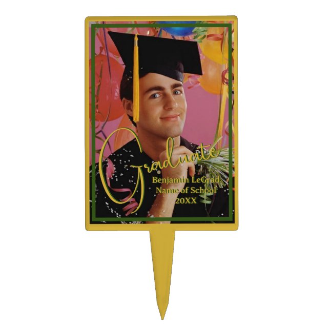 Graduation Photo Personalized Green and Gold Cake Topper (Front)