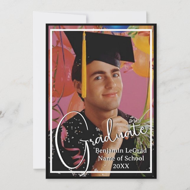 Graduation Photo Personalized Note Black and White Invitation (Front)
