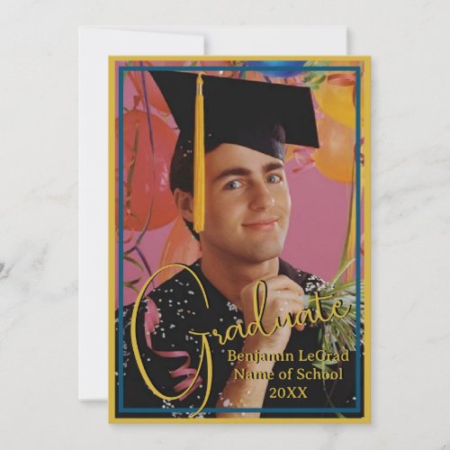 Graduation Photo Personalized Note Navy and Gold Invitation