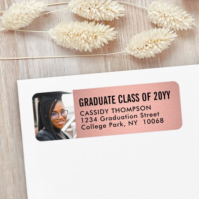 Graduation Photo Pink and Black Return Address Label (Creator Uploaded)