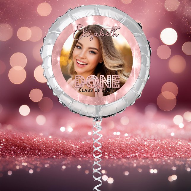 Graduation Photo Pink Sparkles Class Year DONE Balloon (Graduate Graduation Photo and Faux Pink Sparkles Class Year "DONE" Helium Large Balloon)