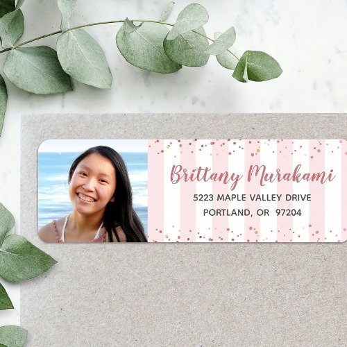 Graduation photo pink stripes modern chic address label