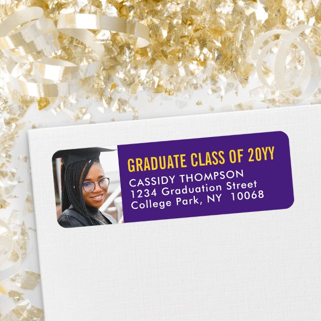 Graduation Photo Purple and Gold Return Address Label (Creator Uploaded)
