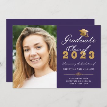 Graduation Photo Purple Gold Script  Class Of 2023 Announcement by ilovedigis at Zazzle
