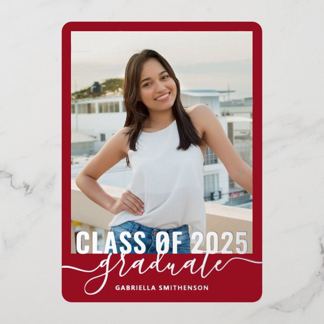 Graduation Photo Red Silver Foil Announcement Card (Front)