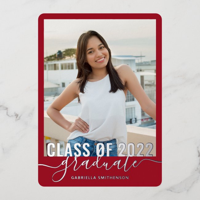 Graduation Photo Red Silver Foil Announcement Card