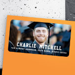 Graduation photo return address label<br><div class="desc">Graduation return address labels featuring your name in a college sports style font with the address below as a white or custom color overlay over your photo.</div>