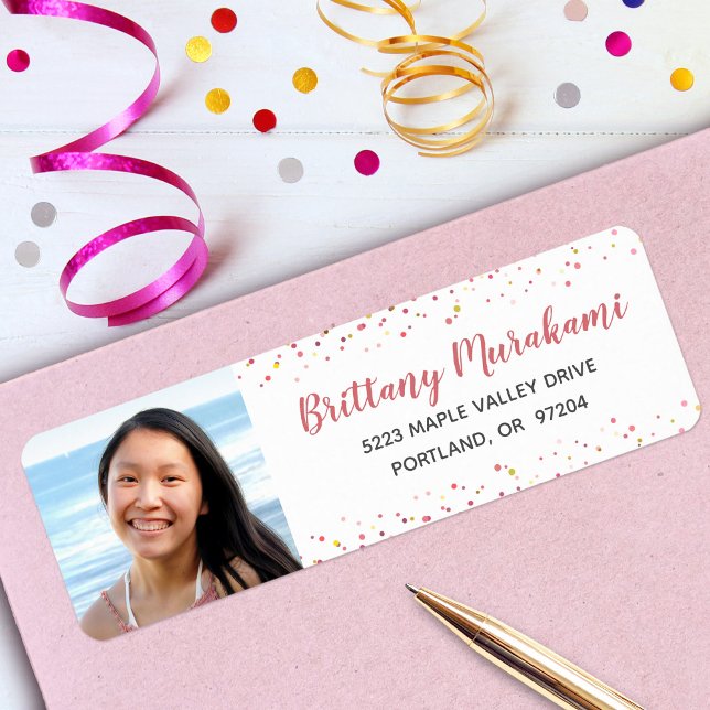 Graduation photo rose gold script modern address label (Creator Uploaded)