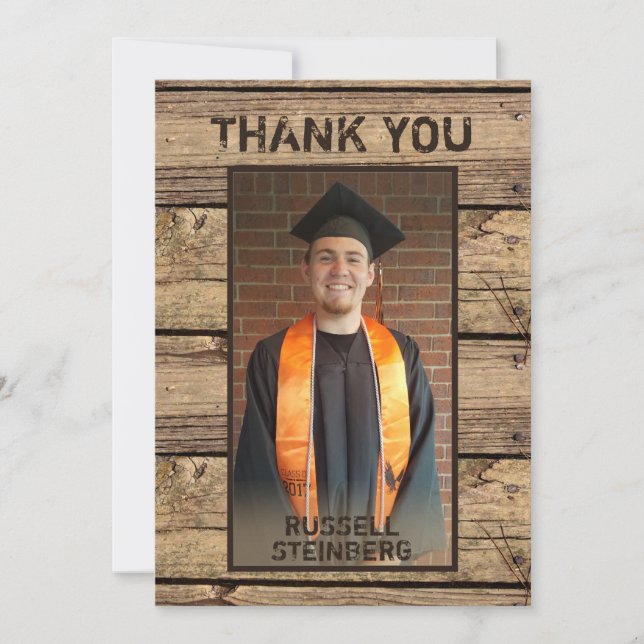 Graduation Photo Rustic Country Wood Thank You (Front)