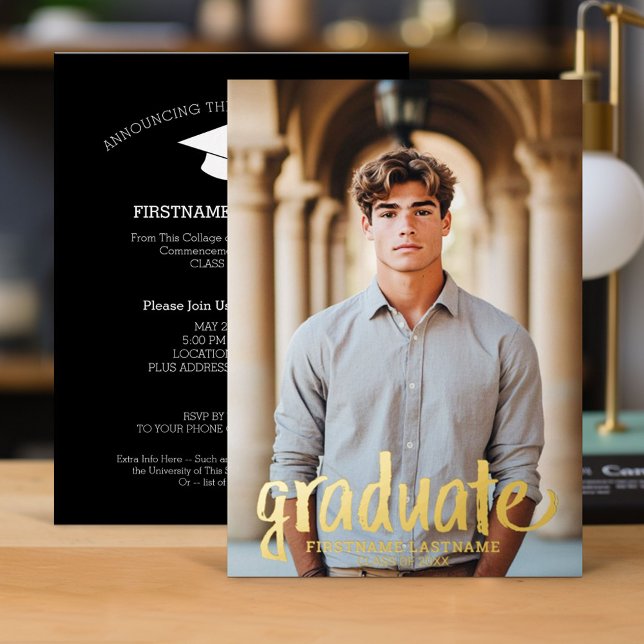 Graduation Photo - Rustic Script with Grad Party Foil Invitation (Graduation Invitation)